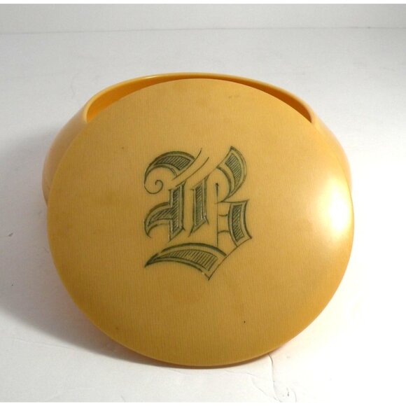 Vintage Yellow Celluloid Vanity Powder Jar/Trinket Box W/ Monogrammed Lid *Rare* - Picture 2 of 8